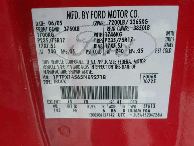 1FTPX14565NB92718 - 2005 FORD F150 RED photo 10