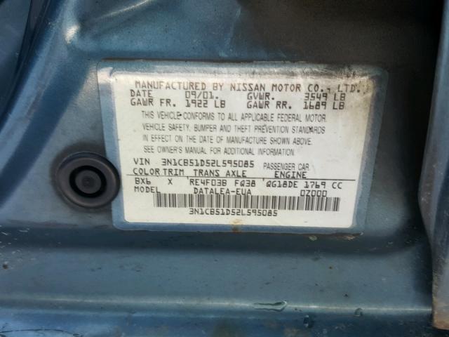 3N1CB51D52L595085 - 2002 NISSAN SENTRA XE BLUE photo 10