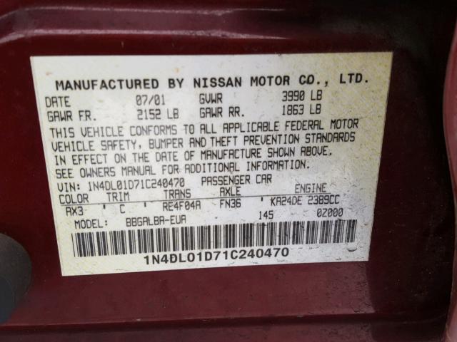 1N4DL01D71C240470 - 2001 NISSAN ALTIMA XE RED photo 10