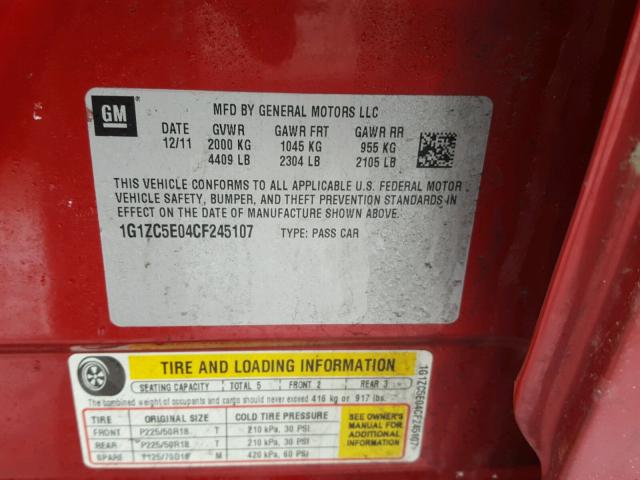 1G1ZC5E04CF245107 - 2012 CHEVROLET MALIBU 1LT 红色 照片 10