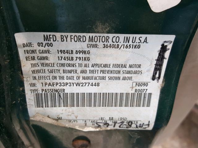 1FAFP33P3YW277448 - 2000 FORD FOCUS LX GREEN photo 10