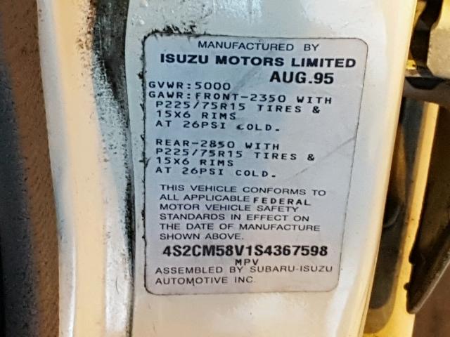 4S2CM58V1S4367598 - 1995 ISUZU RODEO S WHITE photo 10