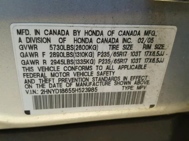 2HNYD18655H523985 - 2005 ACURA MDX TOURIN SILVER photo 10