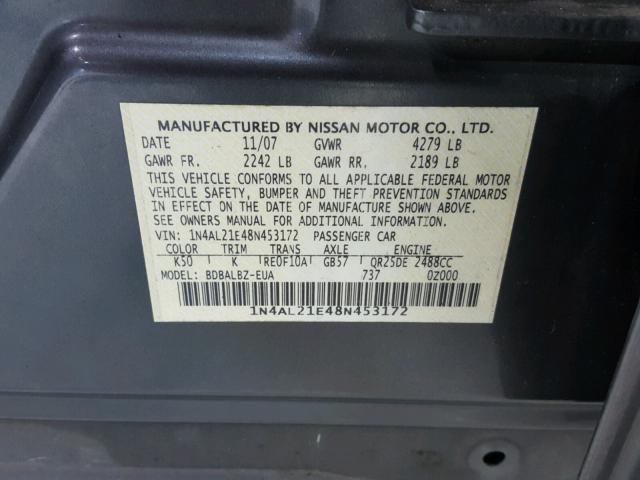 1N4AL21E48N453172 - 2008 NISSAN ALTIMA 2.5 GRAY photo 10