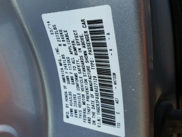 1HGCR3F8XEA027128 - 2014 HONDA ACCORD EXL GRAY photo 10