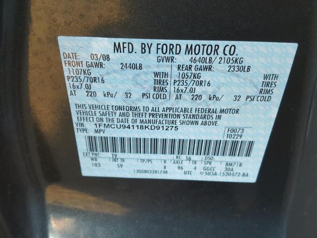 1FMCU94118KD91275 - 2008 FORD ESCAPE LIM GRAY photo 10