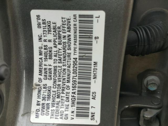 1HGFA16597L002954 - 2007 HONDA CIVIC LX GREEN photo 10