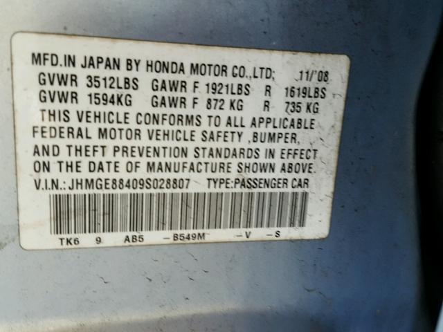 JHMGE88409S028807 - 2009 HONDA FIT SPORT BLUE photo 10