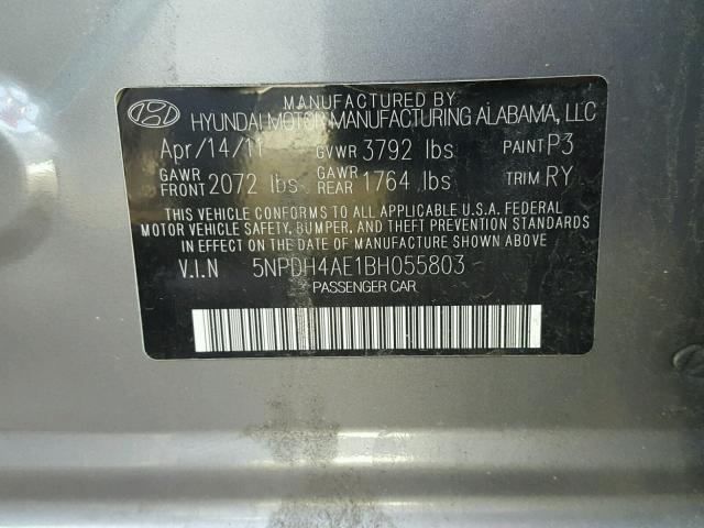 5NPDH4AE1BH055803 - 2011 HYUNDAI ELANTRA GL GRAY photo 10