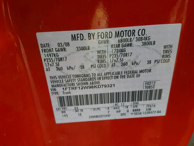 1FTRF12W98KD79321 - 2008 FORD F150 RED photo 10