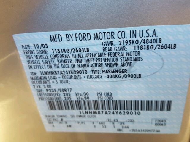 1LNHM87A24Y629010 - 2004 LINCOLN LS SILVER photo 10