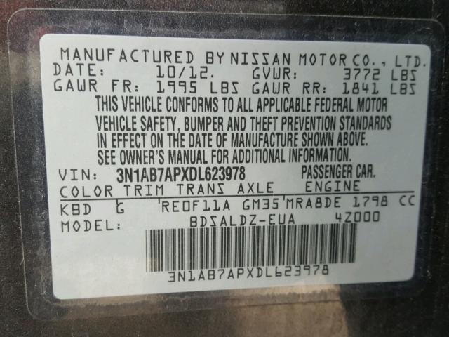 3N1AB7APXDL623978 - 2013 NISSAN SENTRA S GRAY photo 10