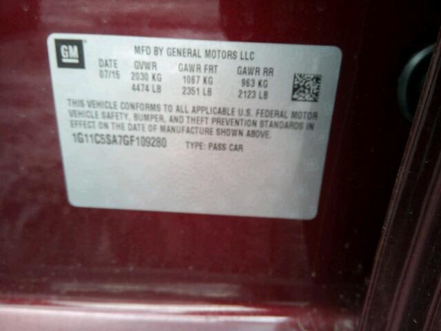 1G11C5SA7GF109280 - 2016 CHEVROLET MALIBU LIM 勃艮第红 照片 10