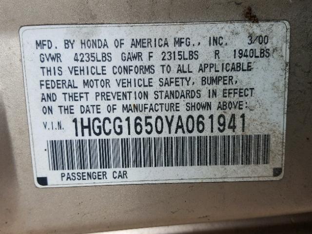 1HGCG1650YA061941 - 2000 HONDA ACCORD EX GOLD photo 10