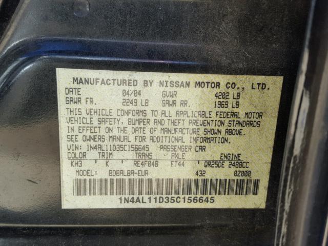 1N4AL11D35C156645 - 2005 NISSAN ALTIMA S BLACK photo 10