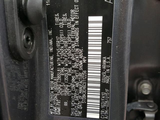 5TDBK3EH6CS112256 - 2012 TOYOTA HIGHLANDER CHARCOAL photo 10