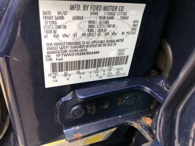 1FTWW31R28EB02499 - 2008 FORD F350 SRW S BLUE photo 10