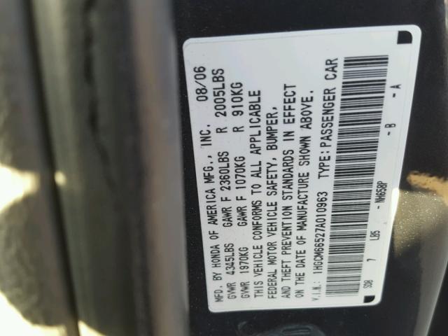 1HGCM66527A010963 - 2007 HONDA ACCORD EX BLACK photo 10