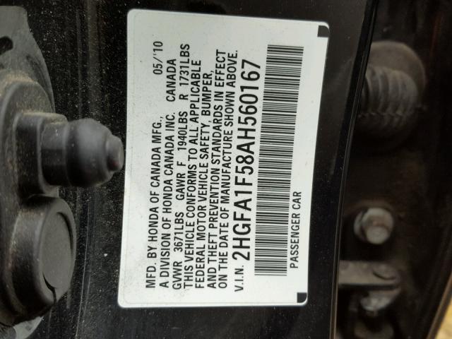 2HGFA1F58AH560167 - 2010 HONDA CIVIC LX BLACK photo 10