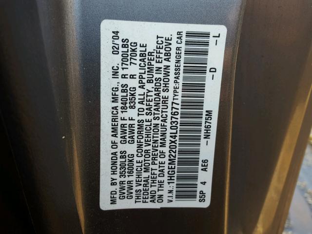 1HGEM220X4L037677 - 2004 HONDA CIVIC EX ნაცრისფერი ფოტო 10