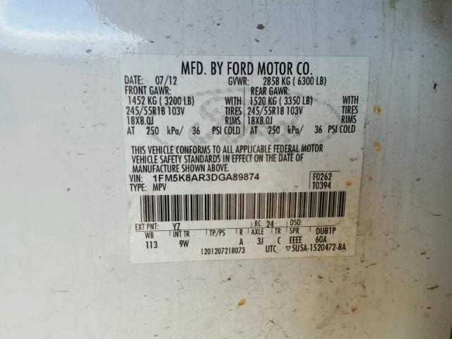 1FM5K8AR3DGA89874 - 2013 FORD EXPLORER P WHITE photo 10