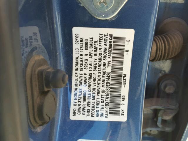 19XFA16939E014420 - 2009 HONDA CIVIC EXL BLUE photo 10