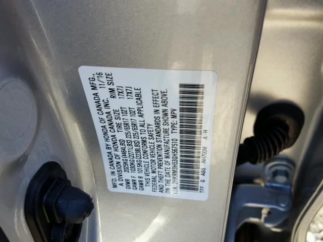 2HKRM3H53GH567510 - 2016 HONDA CR-V EX SILVER photo 10