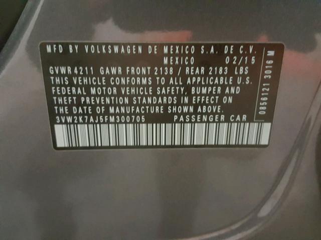 3VW2K7AJ5FM300705 - 2015 VOLKSWAGEN JETTA BASE ნაცრისფერი ფოტო 10