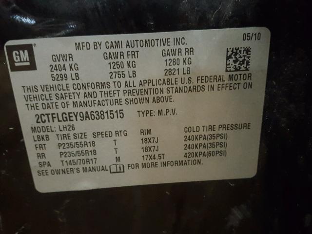 2CTFLGEY9A6381515 - 2010 GMC TERRAIN SL BLACK photo 10