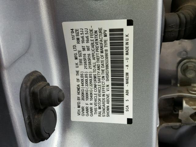 SHSRD78865U309018 - 2005 HONDA CR-V EX SILVER photo 10