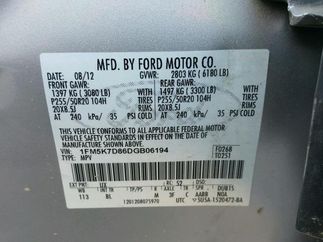 1FM5K7D86DGB06194 - 2013 FORD EXPLORER X SILVER photo 10