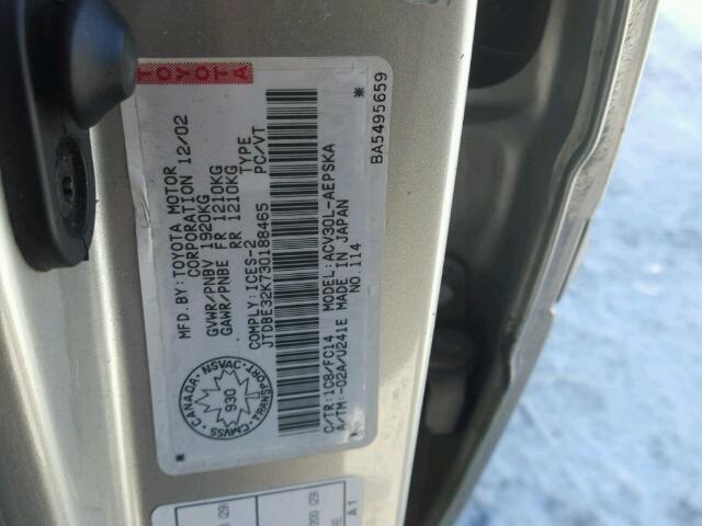 JTDBE32K730188465 - 2003 TOYOTA CAMRY LE SILVER photo 10