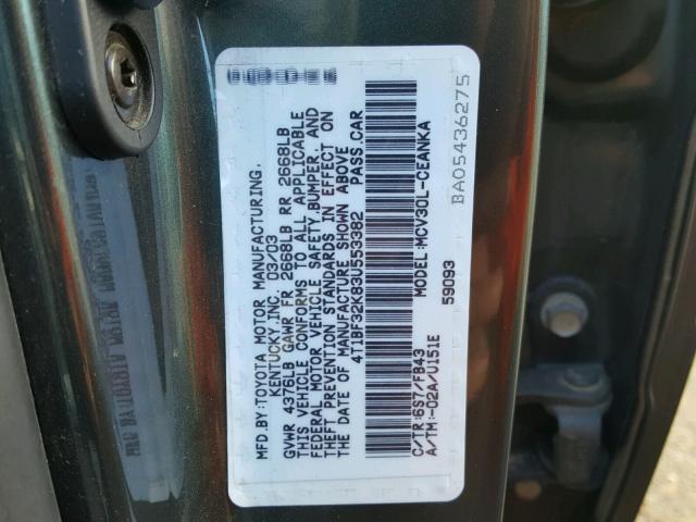 4T1BF32K83U553382 - 2003 TOYOTA CAMRY LE GREEN photo 10