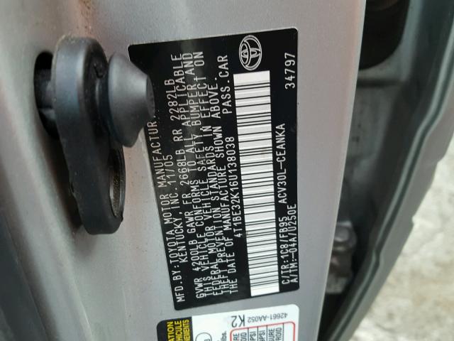 4T1BE32K16U138038 - 2006 TOYOTA CAMRY LE SILVER photo 10