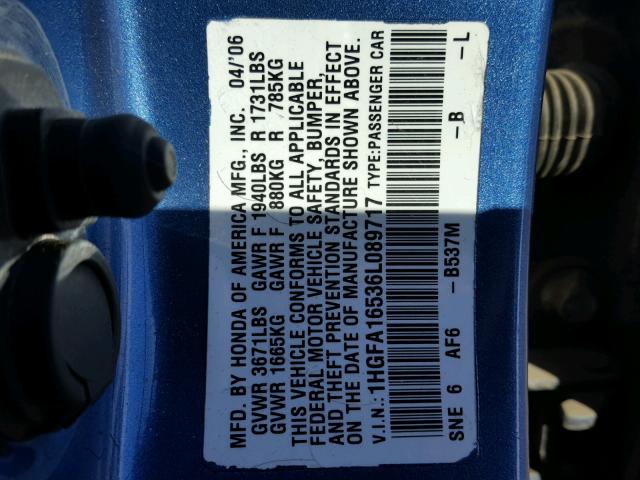 1HGFA16536L089717 - 2006 HONDA CIVIC LX BLUE photo 10