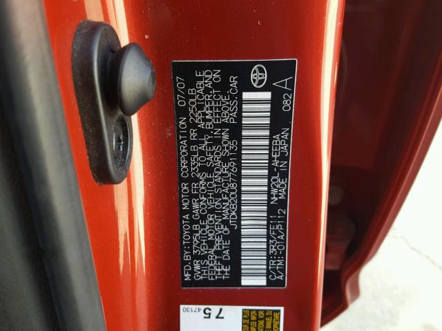 JTDKB20U877691135 - 2007 TOYOTA PRIUS RED photo 10