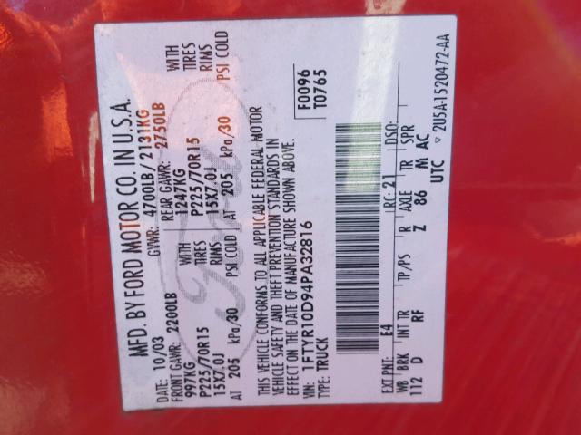 1FTYR10D94PA32816 - 2004 FORD RANGER RED photo 10
