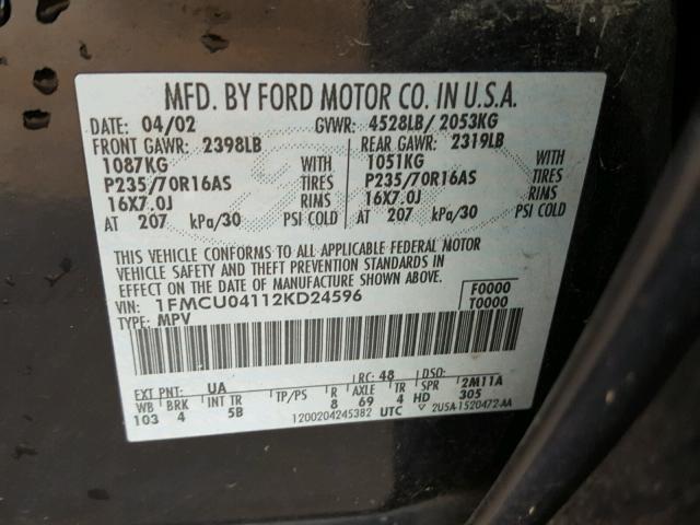 1FMCU04112KD24596 - 2002 FORD ESCAPE XLT BLACK photo 10