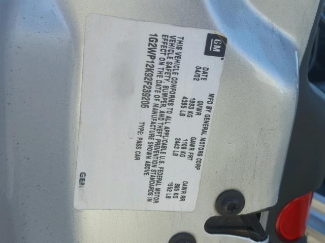 1G2WP12K92F239206 - 2002 PONTIAC GRAND PRIX SILVER photo 10