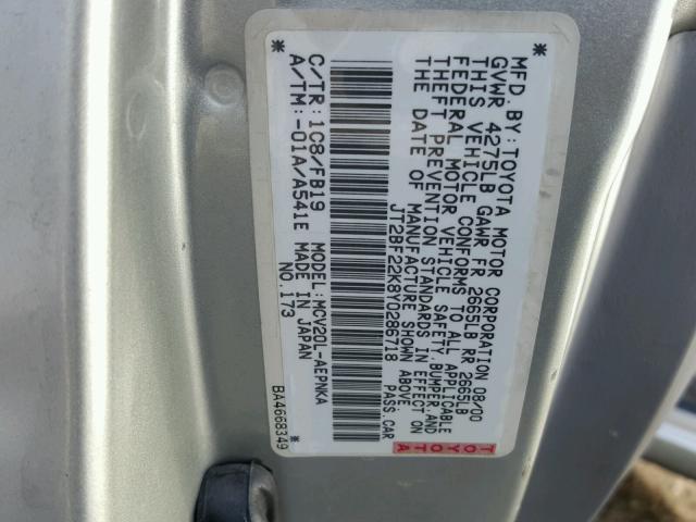 JT2BF22K8Y0286718 - 2000 TOYOTA CAMRY CE SILVER photo 10