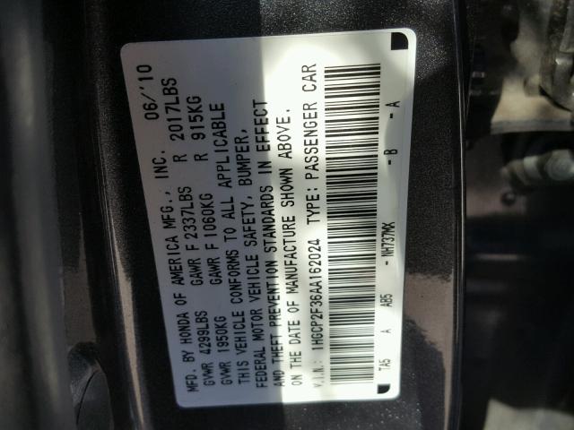 1HGCP2F36AA162024 - 2010 HONDA ACCORD LX GRAY photo 10