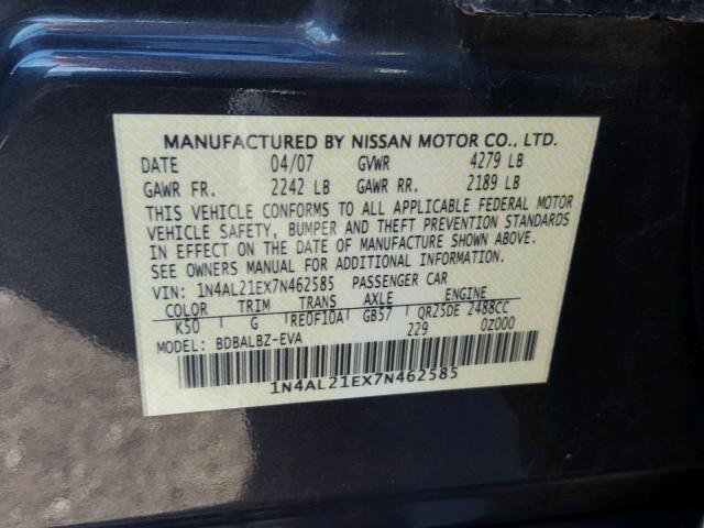 1N4AL21EX7N462585 - 2007 NISSAN ALTIMA 2.5 GRAY photo 10