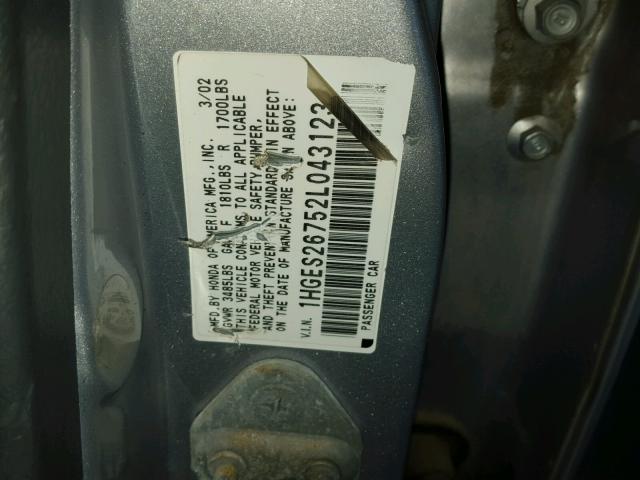 1HGES26752L043123 - 2002 HONDA CIVIC EX SILVER photo 10