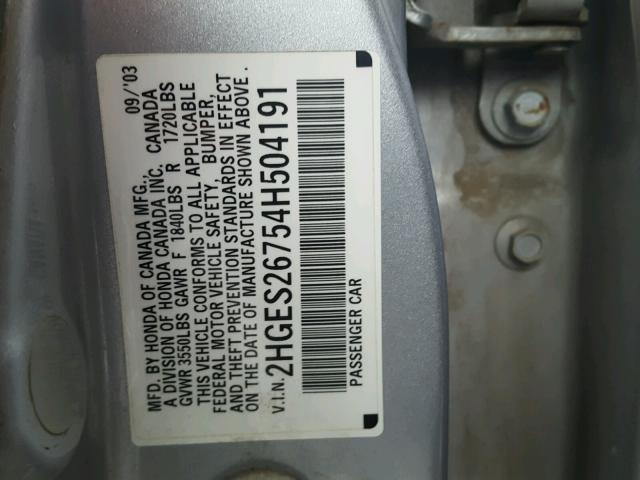 2HGES26754H504191 - 2004 HONDA CIVIC EX 银色 照片 10