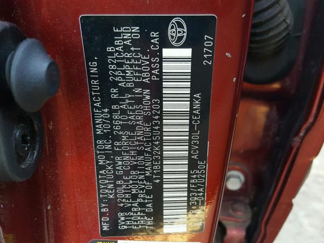 4T1BE32K45U434203 - 2005 TOYOTA CAMRY LE RED photo 10