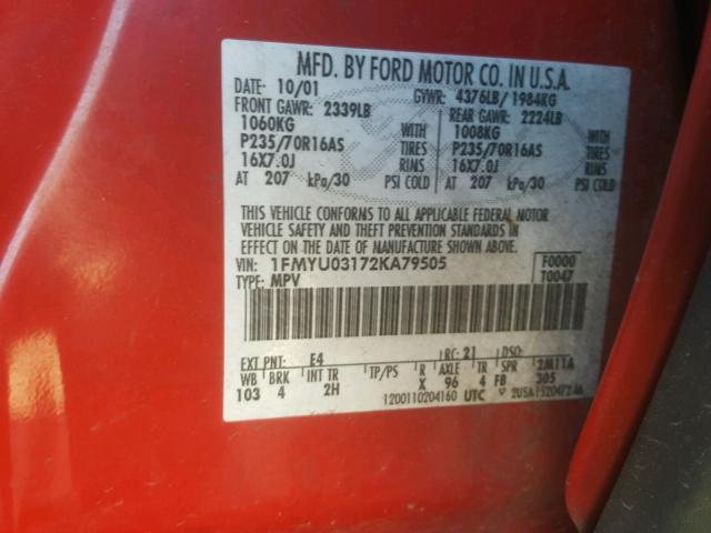 1FMYU03172KA79505 - 2002 FORD ESCAPE XLT RED photo 10