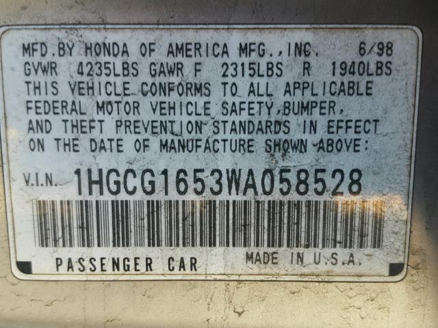 1HGCG1653WA058528 - 1998 HONDA ACCORD EX SILVER photo 10