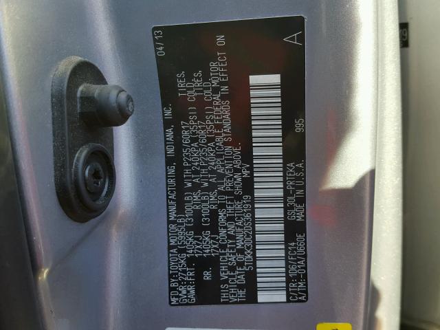 5TDKK3DC2DS361919 - 2013 TOYOTA SIENNA LE SILVER photo 10