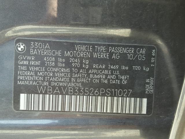 WBAVB33526PS11027 - 2006 BMW 330 I GRAY photo 10