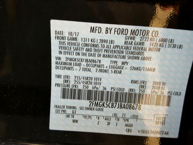 2FMGK5C87JBA08678 - 2018 FORD FLEX SEL BLACK photo 10